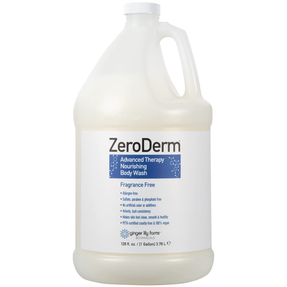 Ginger Lily Farms Zeroderm bottle top view highlights gentle daily wash.