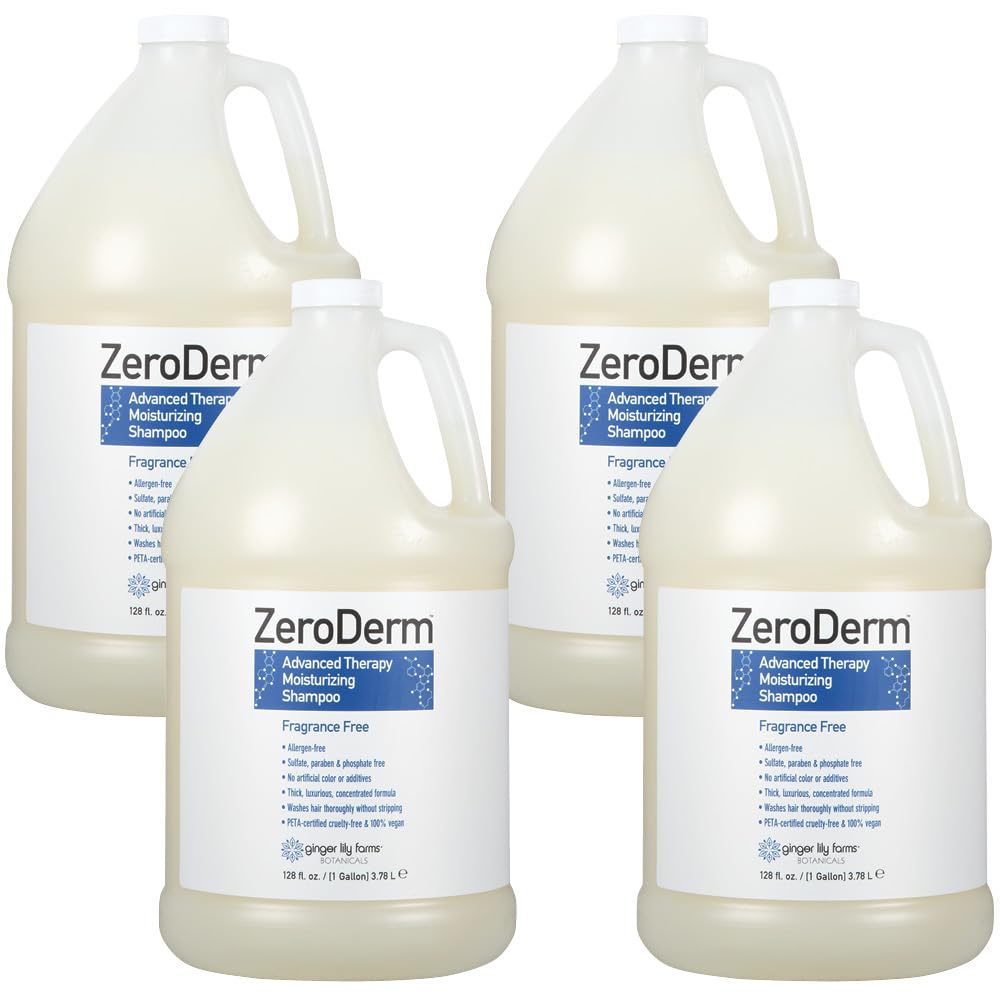 Ginger Lily Farms ZeroDerm shampoo bottle closeup; fragrance-free for sensitive skin.