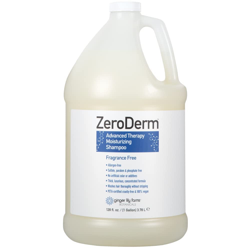 ZeroDerm shampoo being poured for gentle cleansing on hair and scalp.