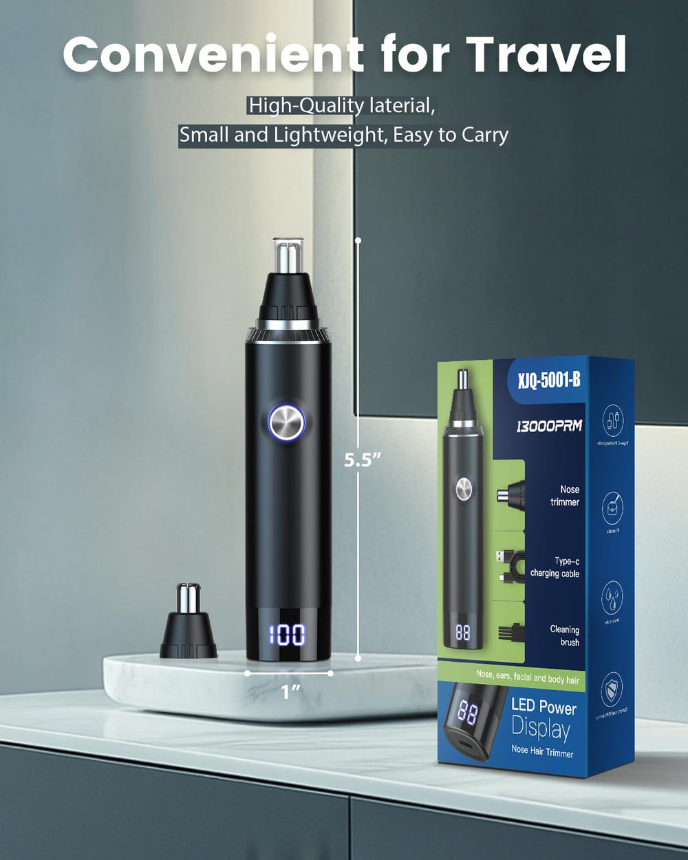 Ginity interchangeable trimming heads support nose, ear, and eyebrow grooming.