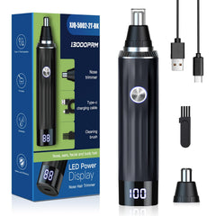 Ginity nose hair trimmer with LED display showing battery level for easy charging.