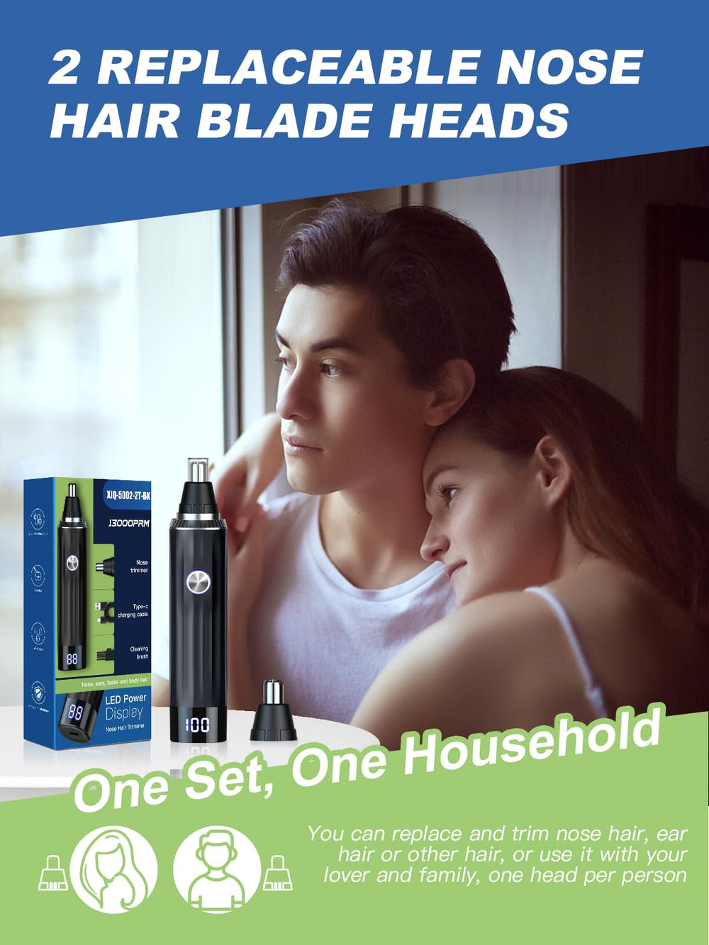 Ginity rechargeable nose trimmer via USB Type-C for fast on-the-go charging.