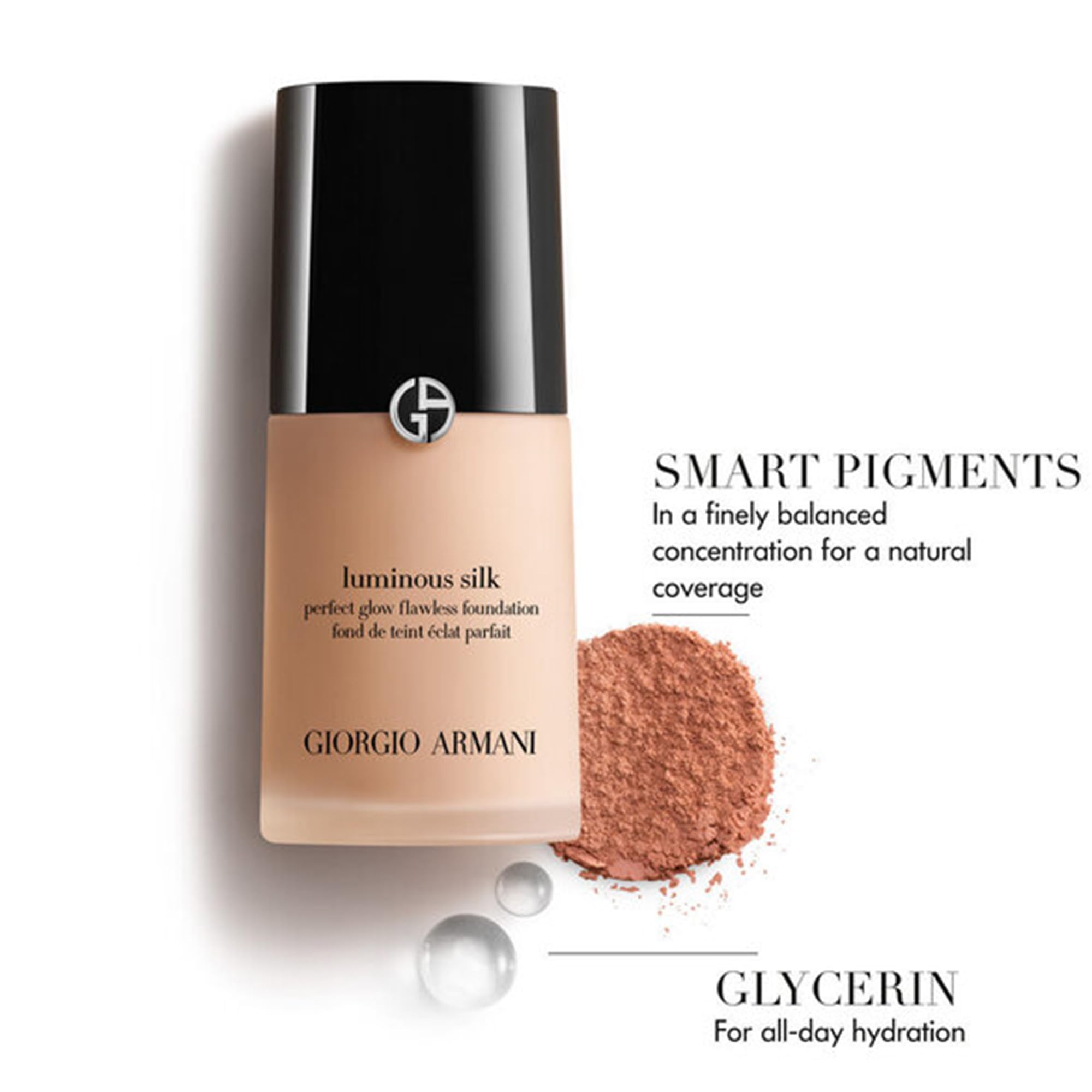 Giorgio Armani Luminous Silk packaging highlights convenient bottle design.