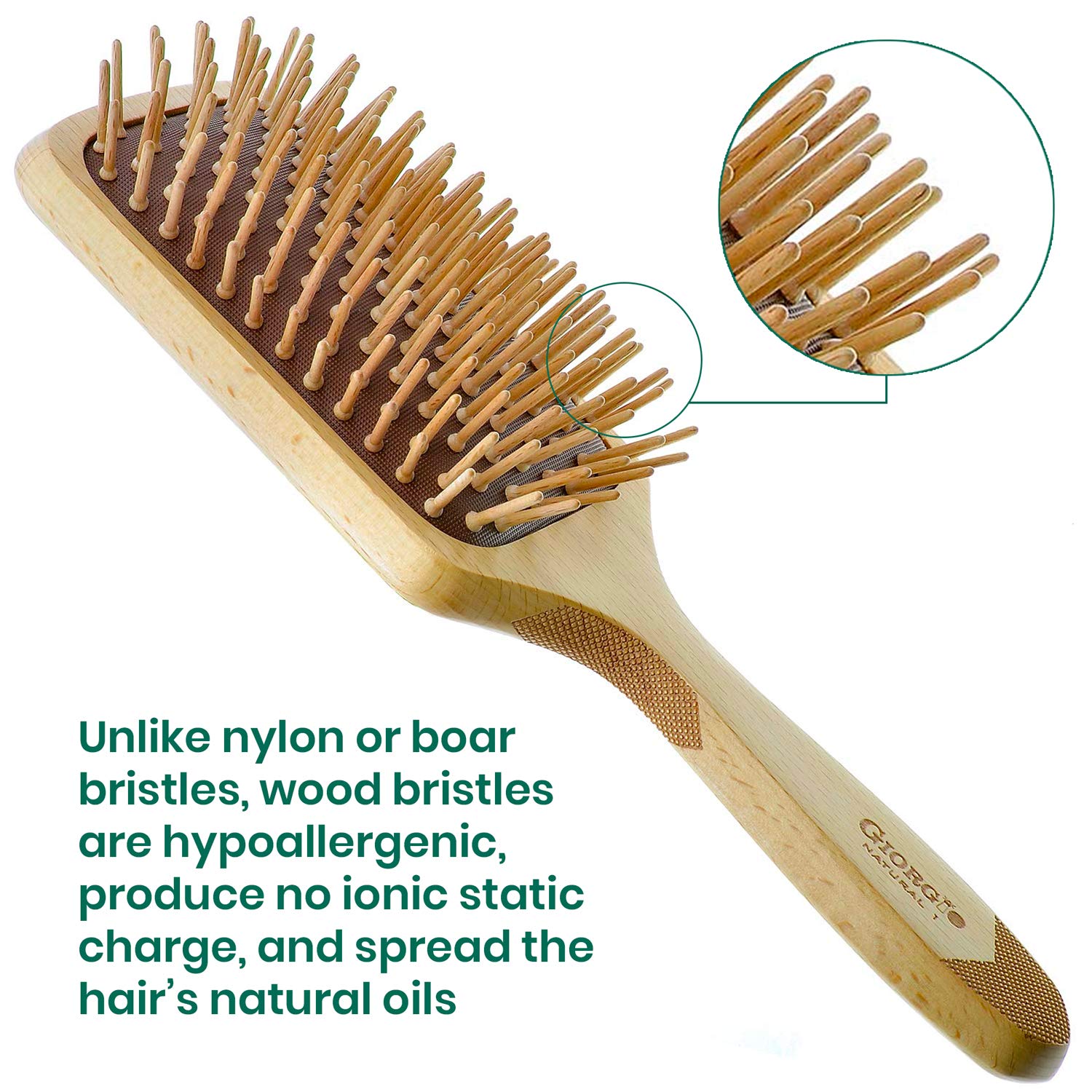 Giorgio wooden bristle close-up shows smooth, snag-free detangling on thick hair