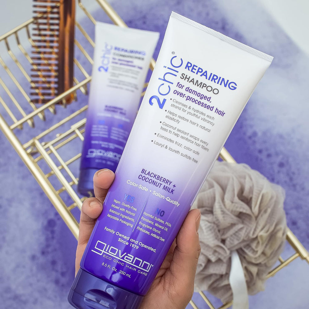 Giovanni 2chic Repairing shampoo label close-up highlights color-safe formula.