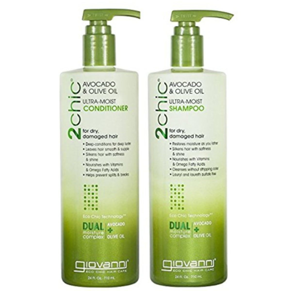 Giovanni 2Chic Ultra-Moist shampoo bottle with avocado and olive oil for everyday cleansing.