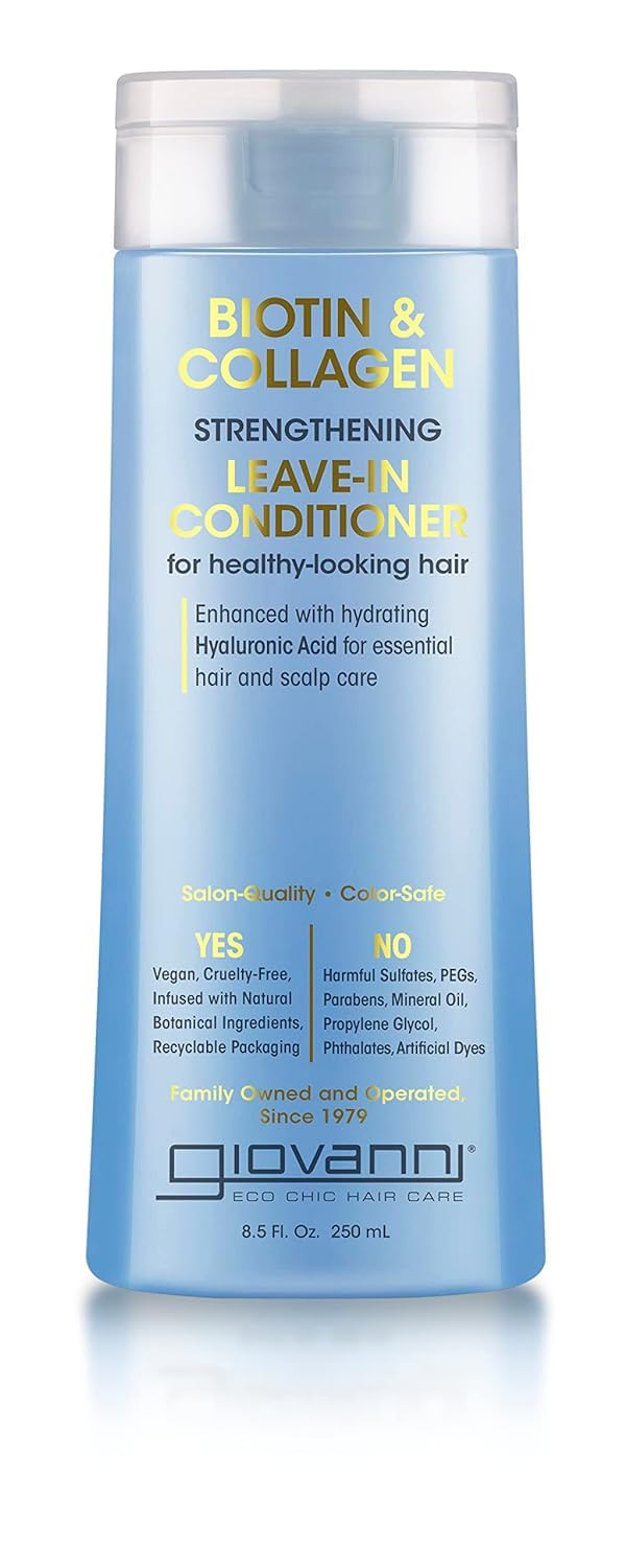 GIOVANNI Biotin & Collagen leave-in bottle promising salon-quality nourishment for all hair types.