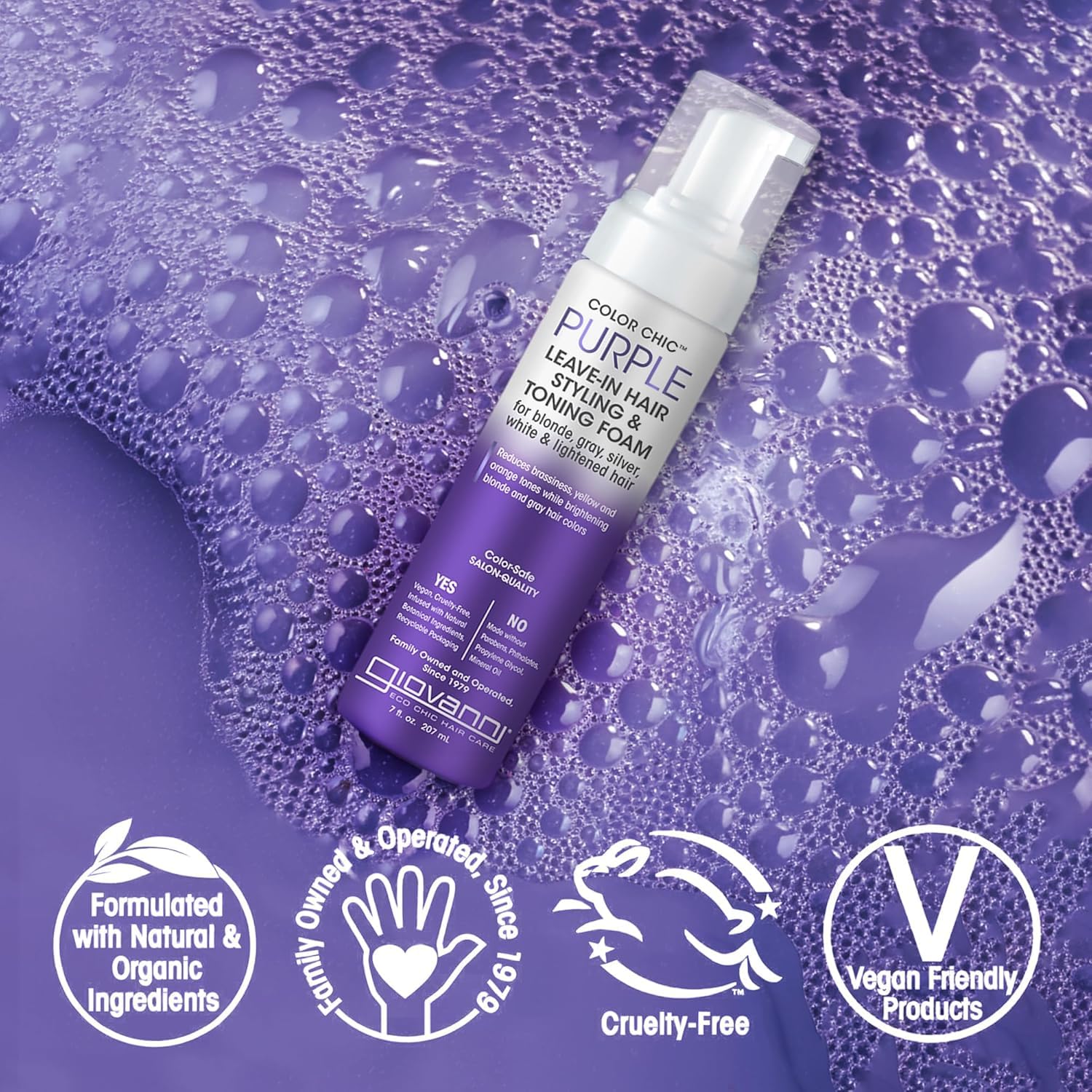 Giovanni Color Chic Purple leave-in foam close-up on hair finish
