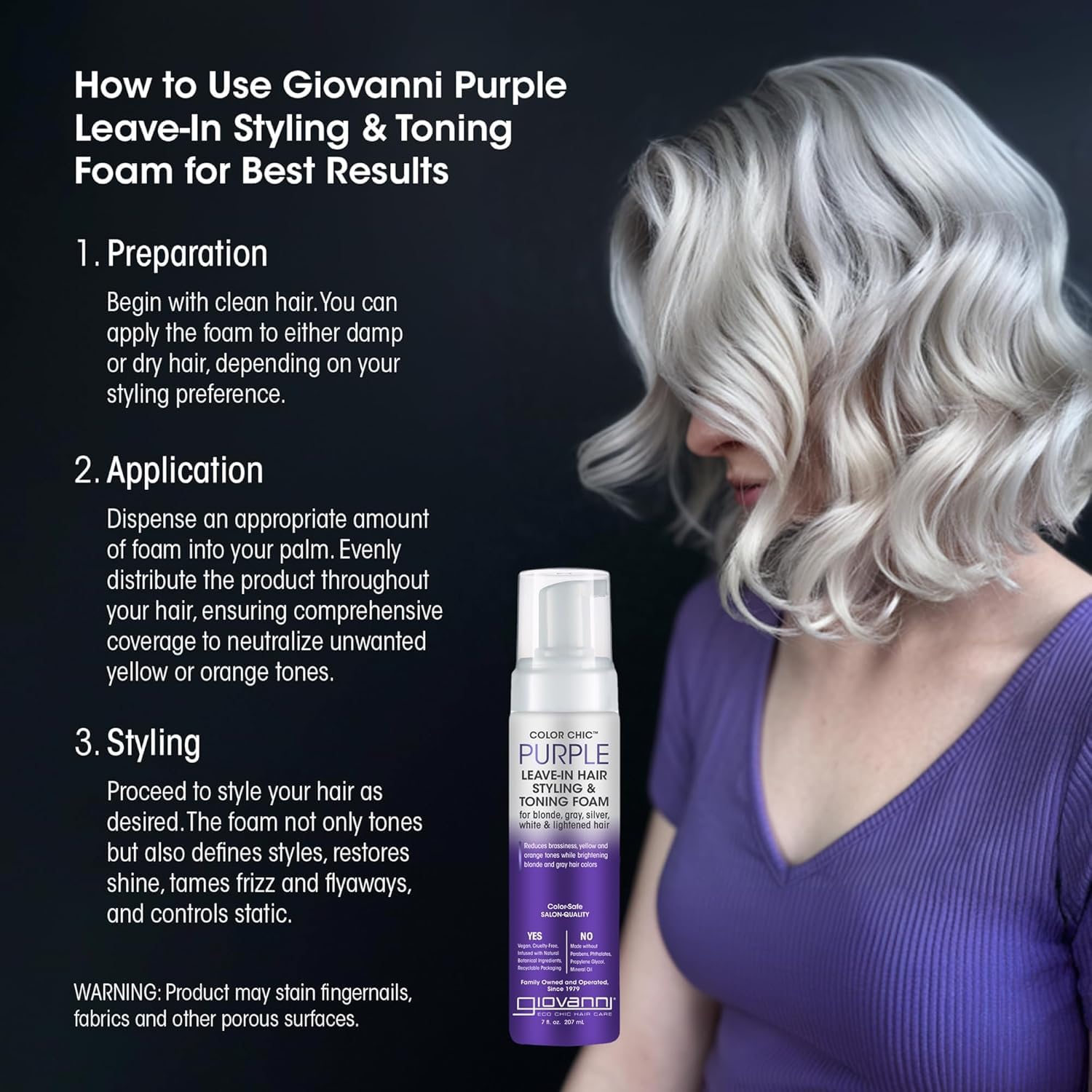 Giovanni Color Chic Purple leave-in foam in-use styling benefits