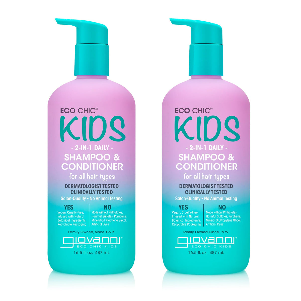 Bouteille GIOVANNI Eco Chic Enfants 2-en-1, soin doux pour cheveux d'enfant.