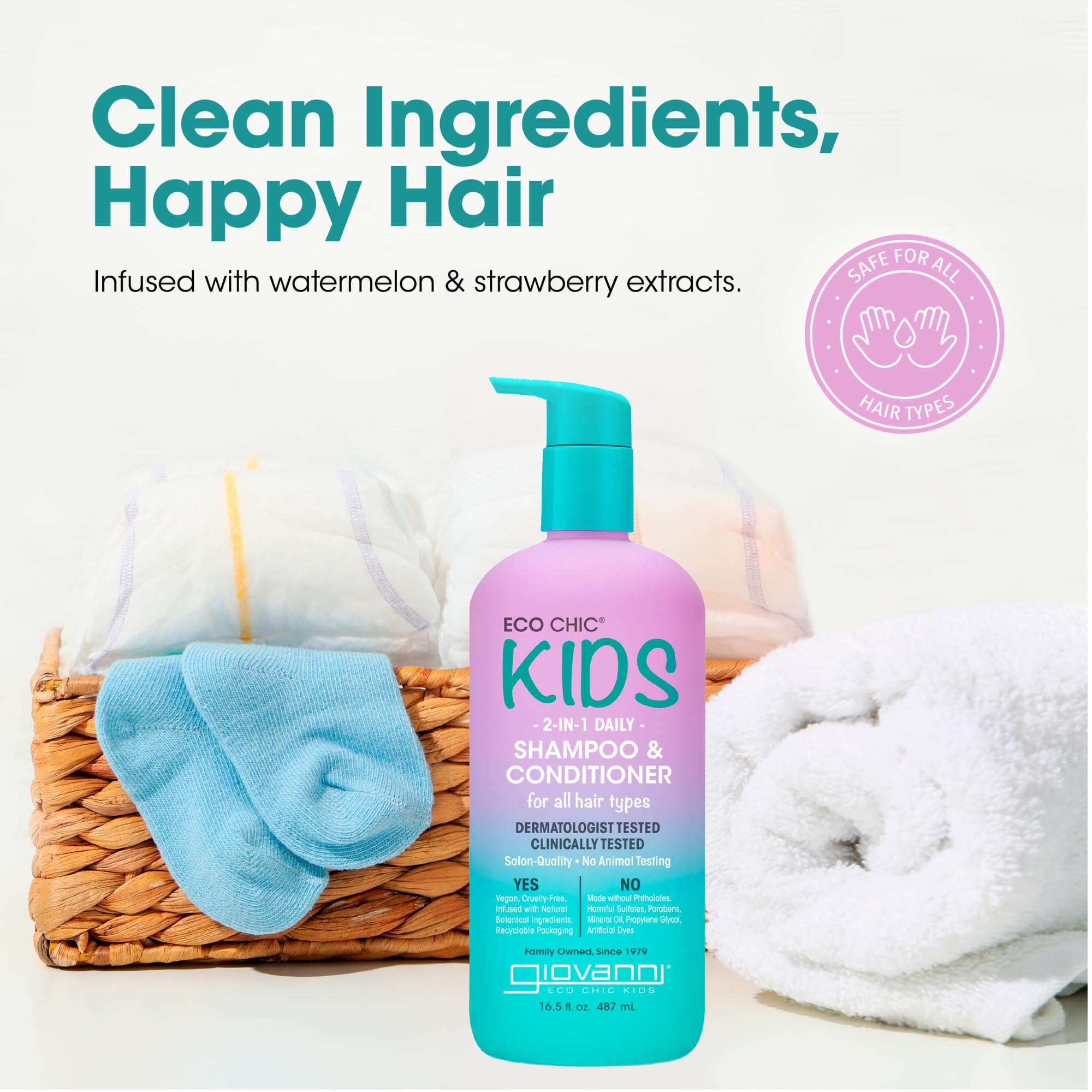 GIOVANNI Eco Chic Enfants 2-en-1, ingrédients naturels pour hydratation douce.