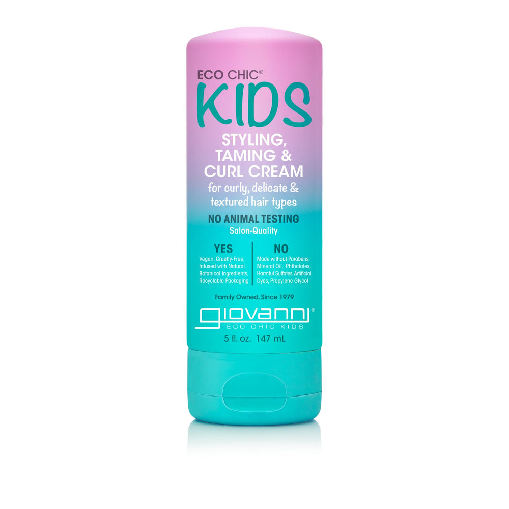 Giovanni Eco Chic Kids Curl Cream bottle demonstrates lightweight hold for smooth curls