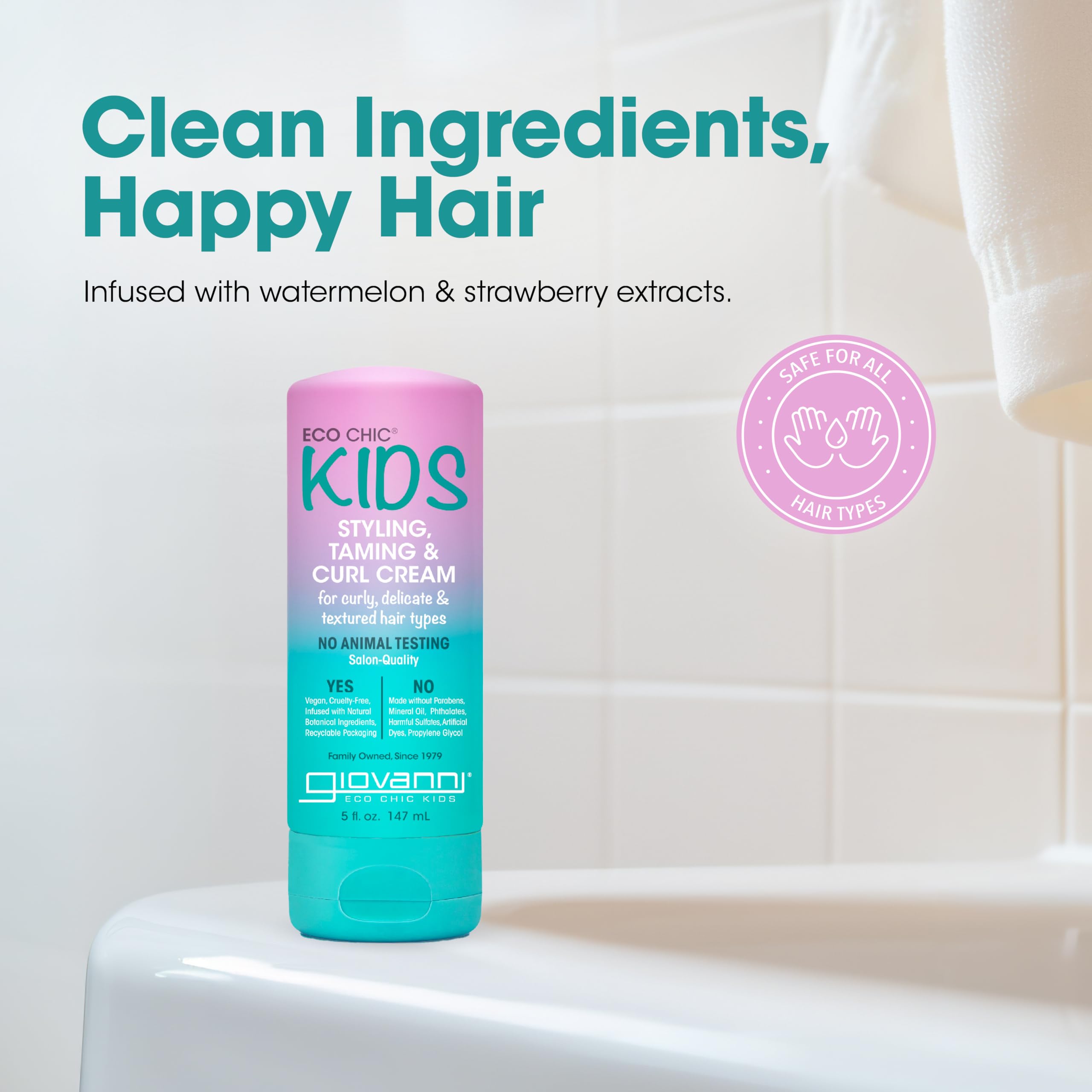Giovanni Eco Chic Kids Curl Cream packaging emphasizes vegan, cruelty-free values