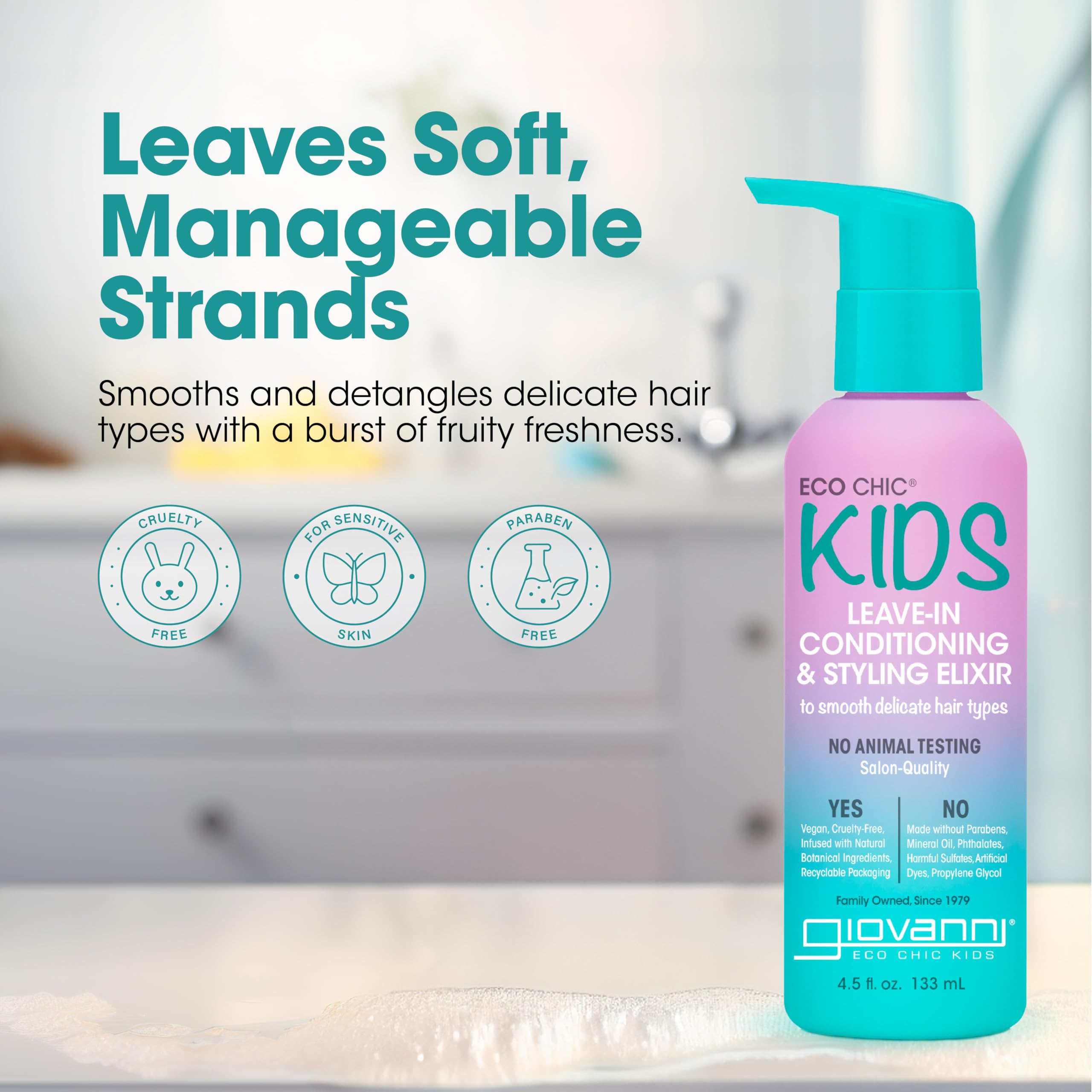 Giovanni Eco Chic KIDs Leave-In Elixir applied to hair for detangling and styling.