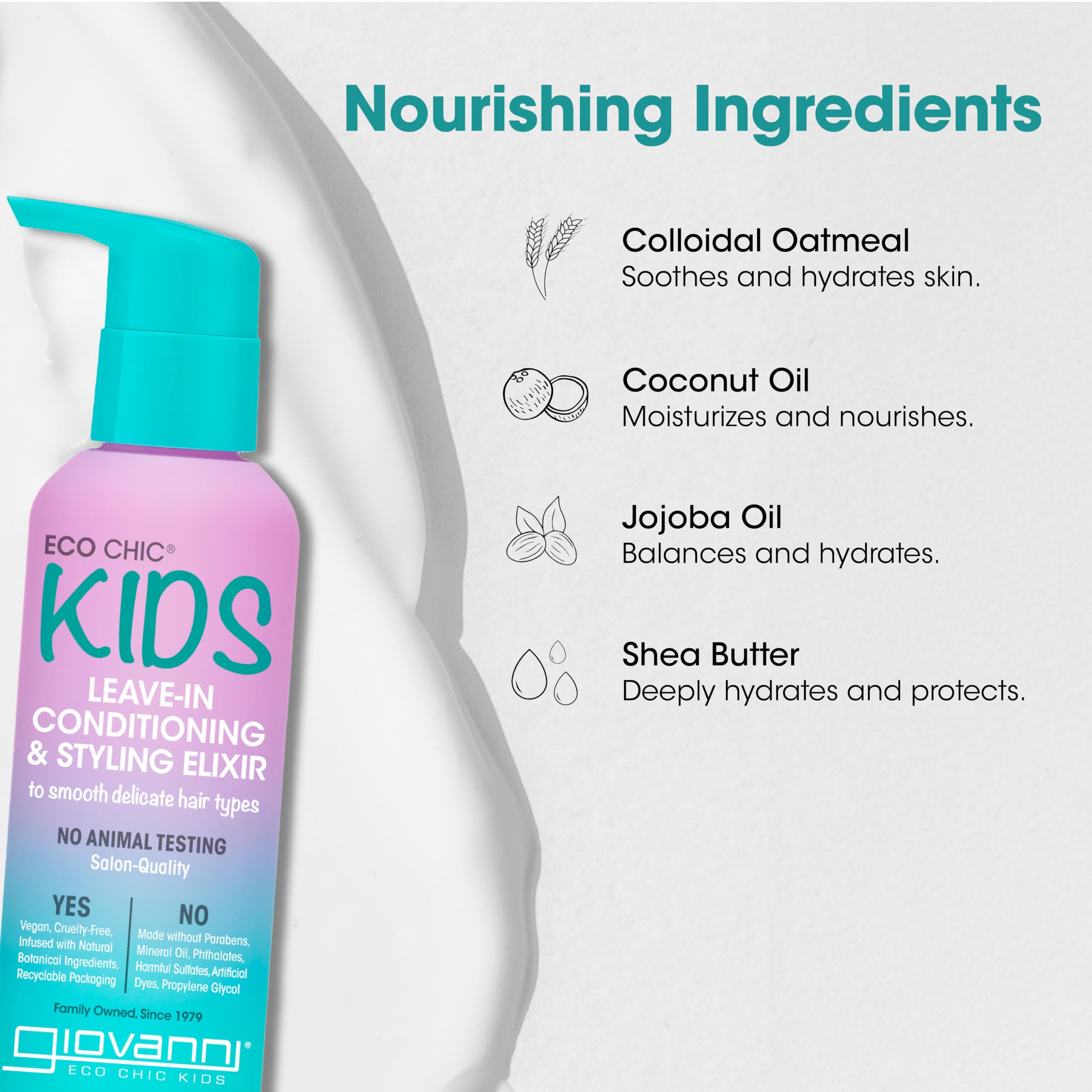 Giovanni Eco Chic KIDs Leave-In Elixir packaging is recyclable and cruelty-free.