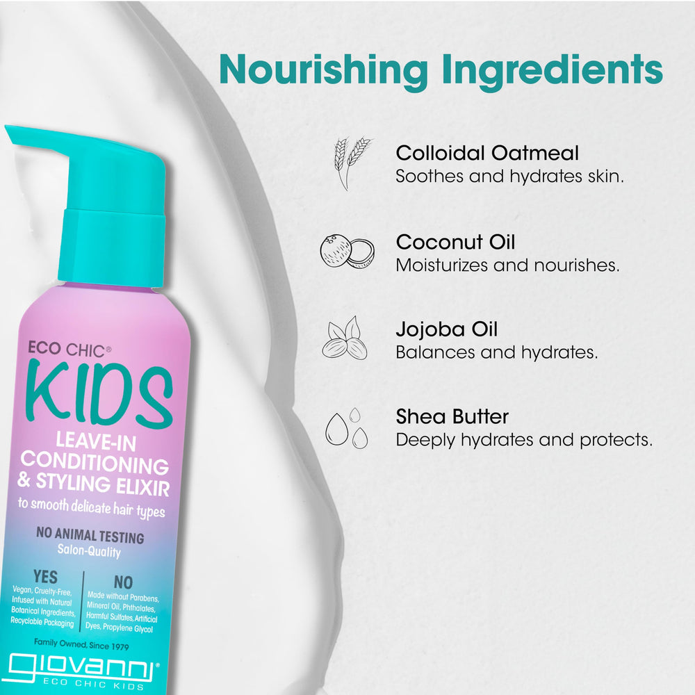 Giovanni Eco Chic KIDs Leave-In Elixir packaging is recyclable and cruelty-free.