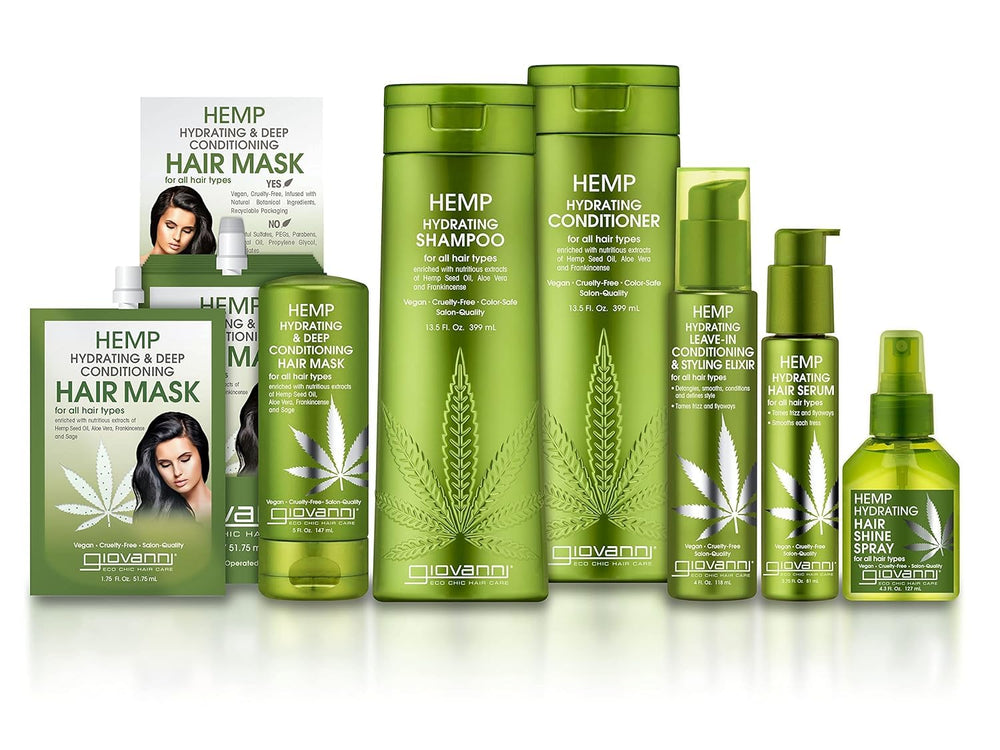 Hands applying GIOVANNI Hemp Hydrating Hair Serum to hair mid-lengths and ends