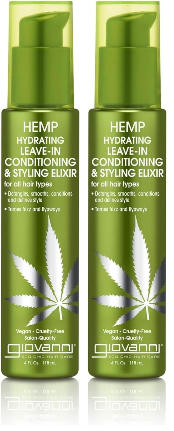 GIOVANNI hemp hydrating leave-in elixir bottle for detangling and frizz control.