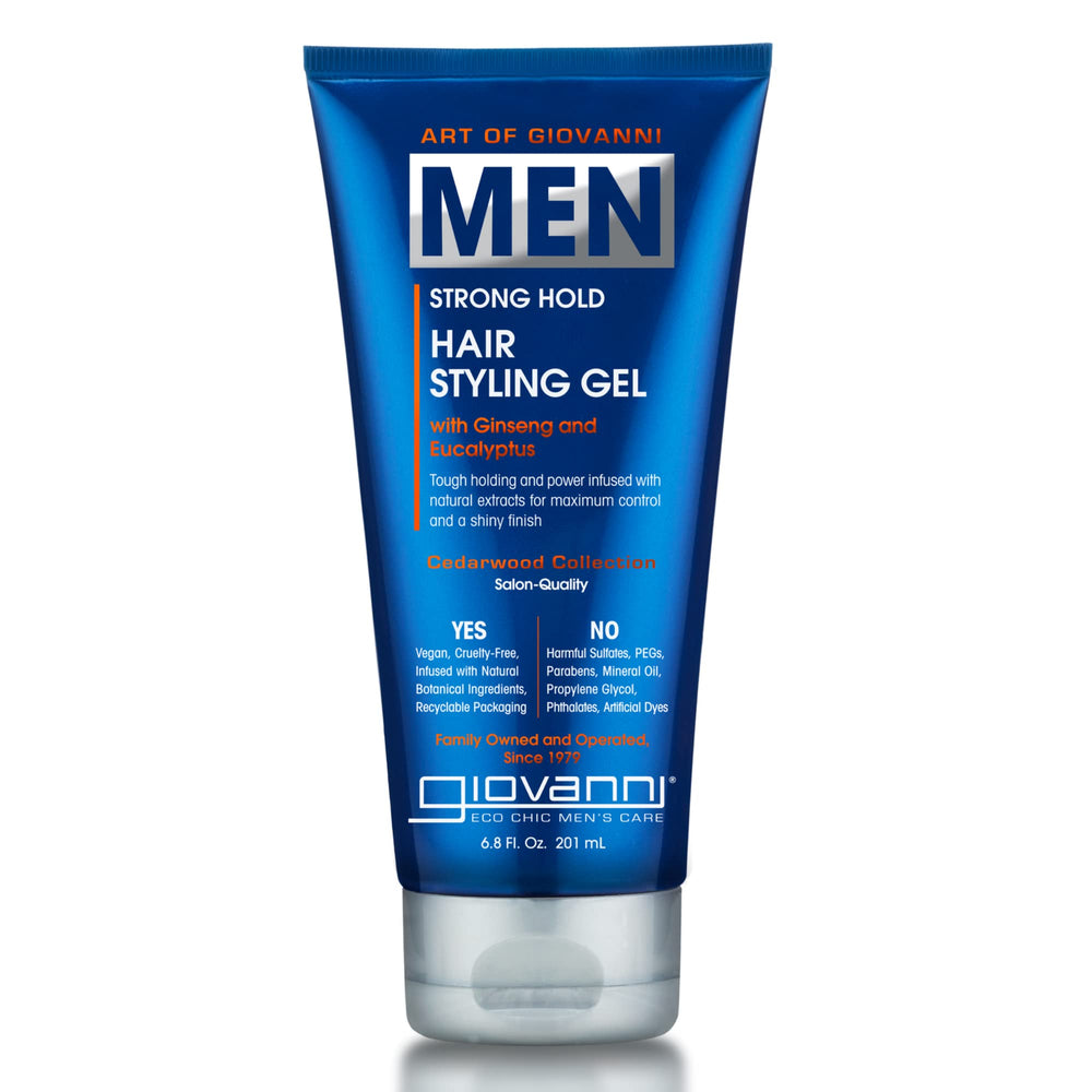 GIOVANNI men's styling gel jar close-up showing strong hold without buildup.
