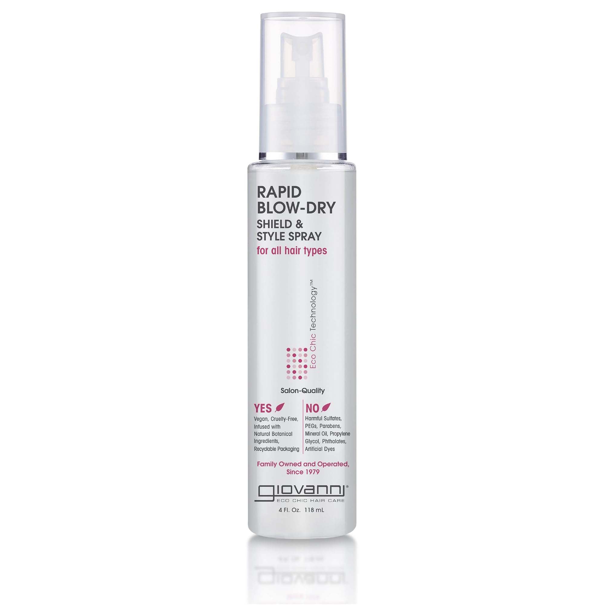  Giovanni Rapid Blow Dry Shield bottle close-up showing heat protection during styling.