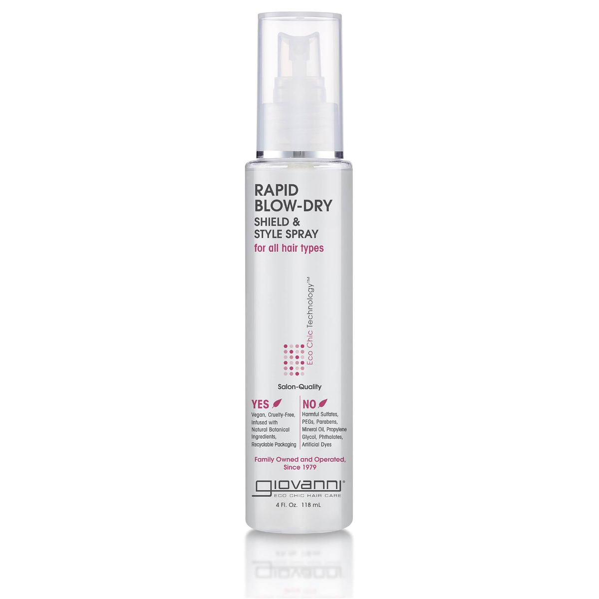  Giovanni Rapid Blow Dry Shield bottle close-up showing heat protection during styling.