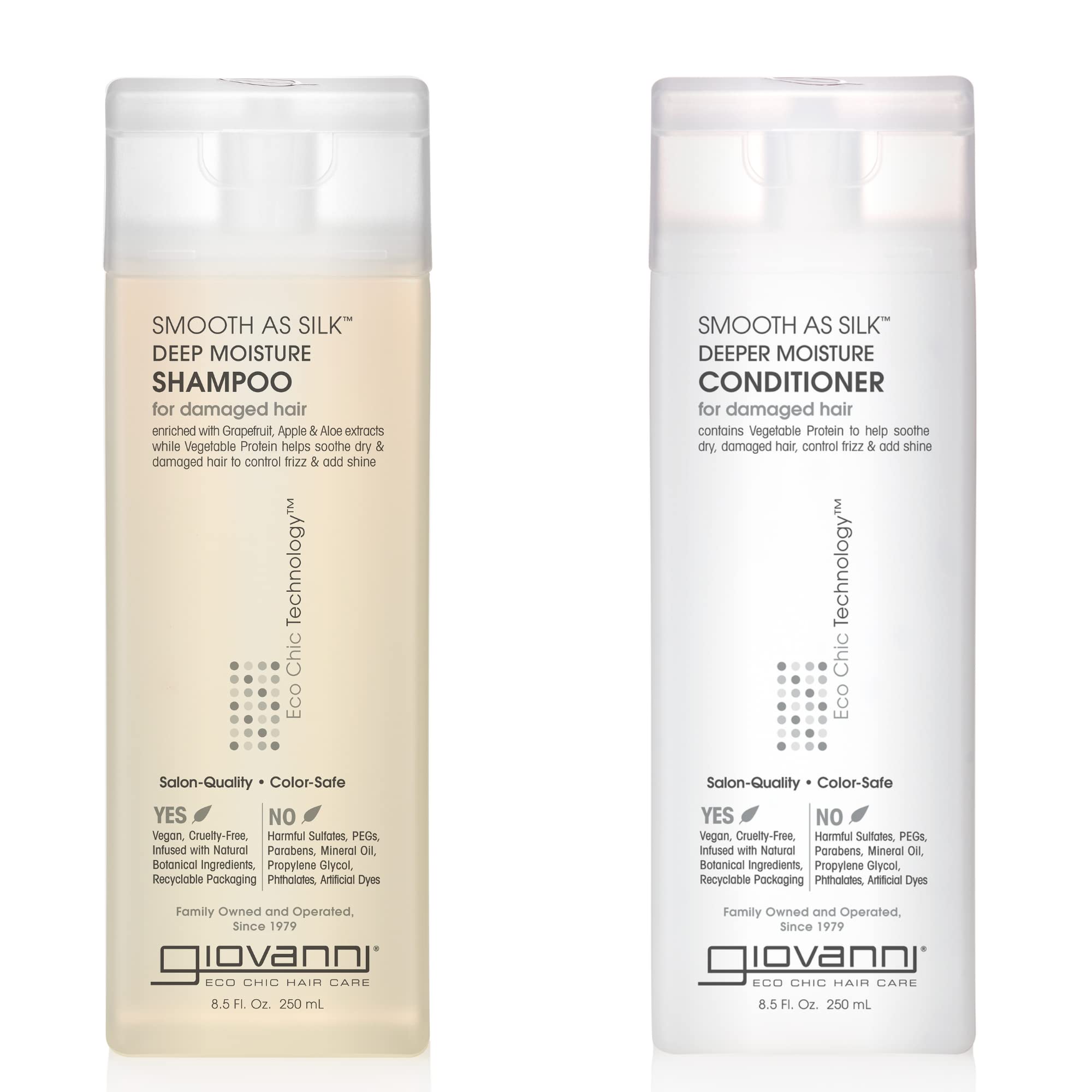 GIOVANNI Smooth as Silk Deeper Moisture Shampoo bottle, frizz control.