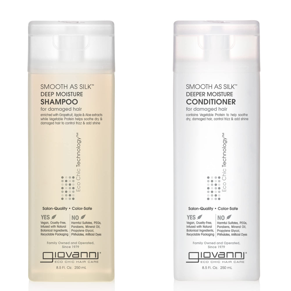 GIOVANNI Smooth as Silk Deeper Moisture Shampoo bottle, frizz control.