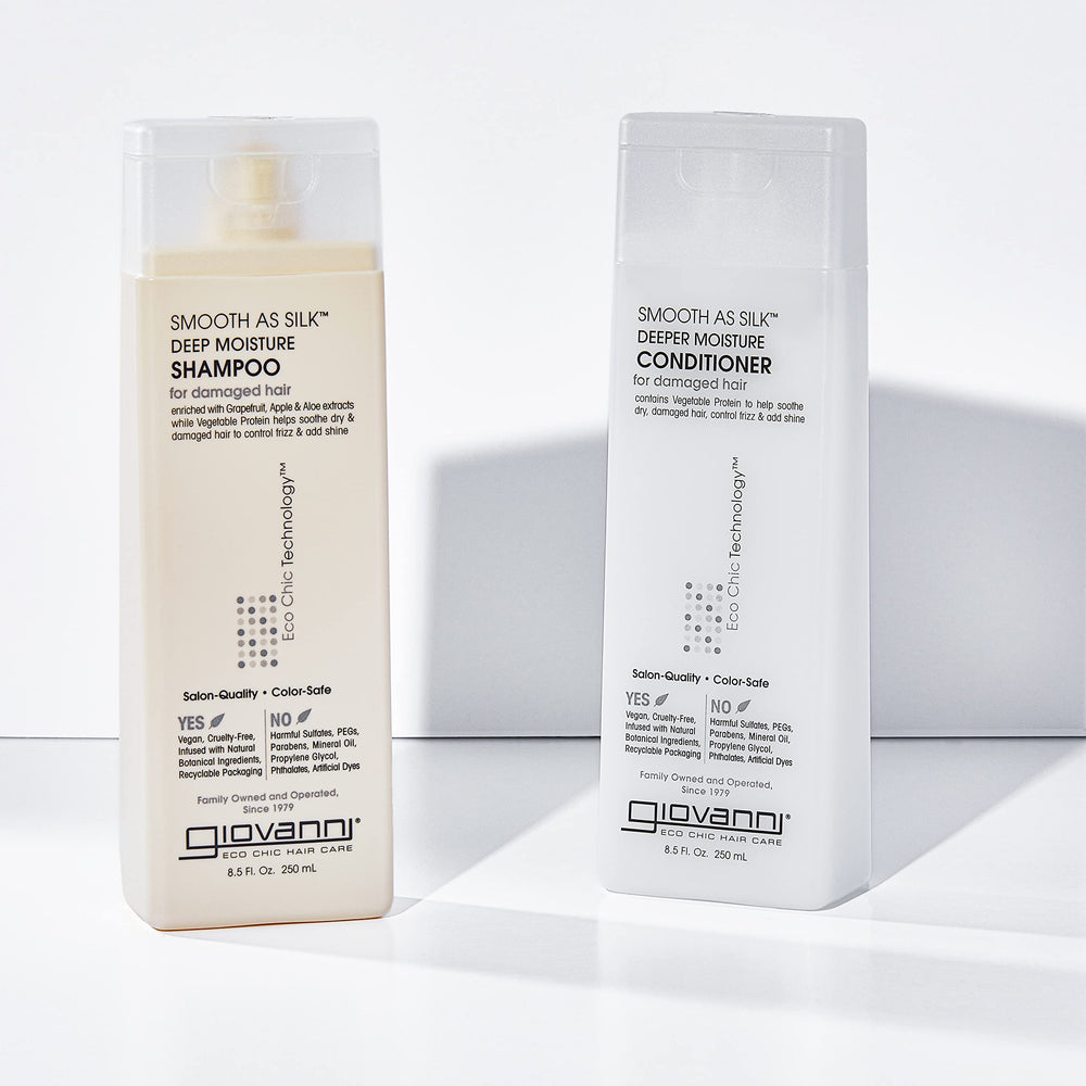 Giovanni Smooth as Silk set display with two 24 oz bottles on shelf.