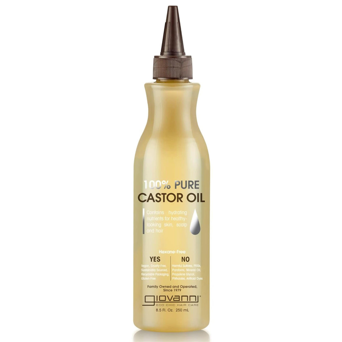 GIOVANNI Smoothing Castor Oil bottle close-up for frizz control and scalp moisture.