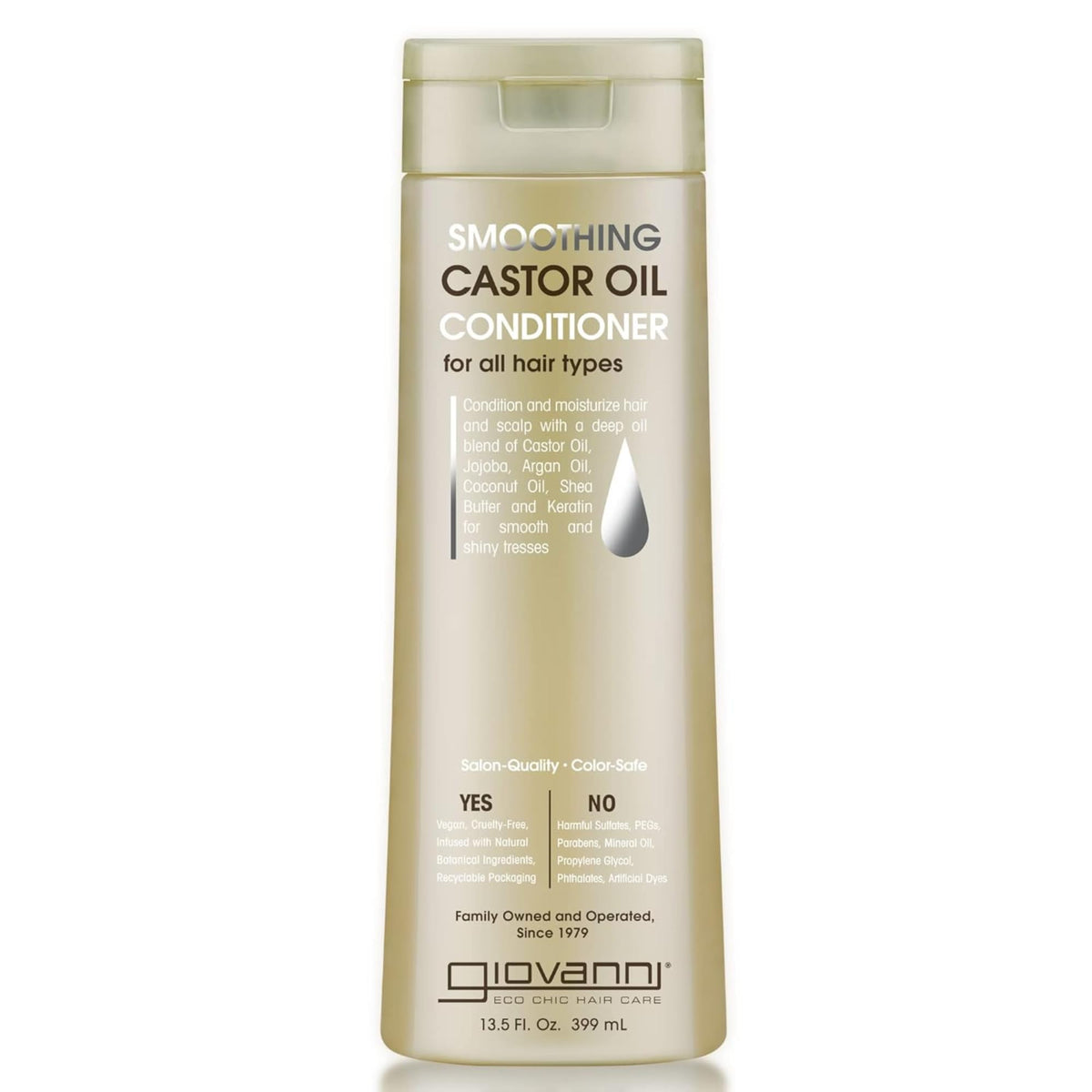 Giovanni smoothing castor oil conditioner bottle showing hydration and shine for all hair types