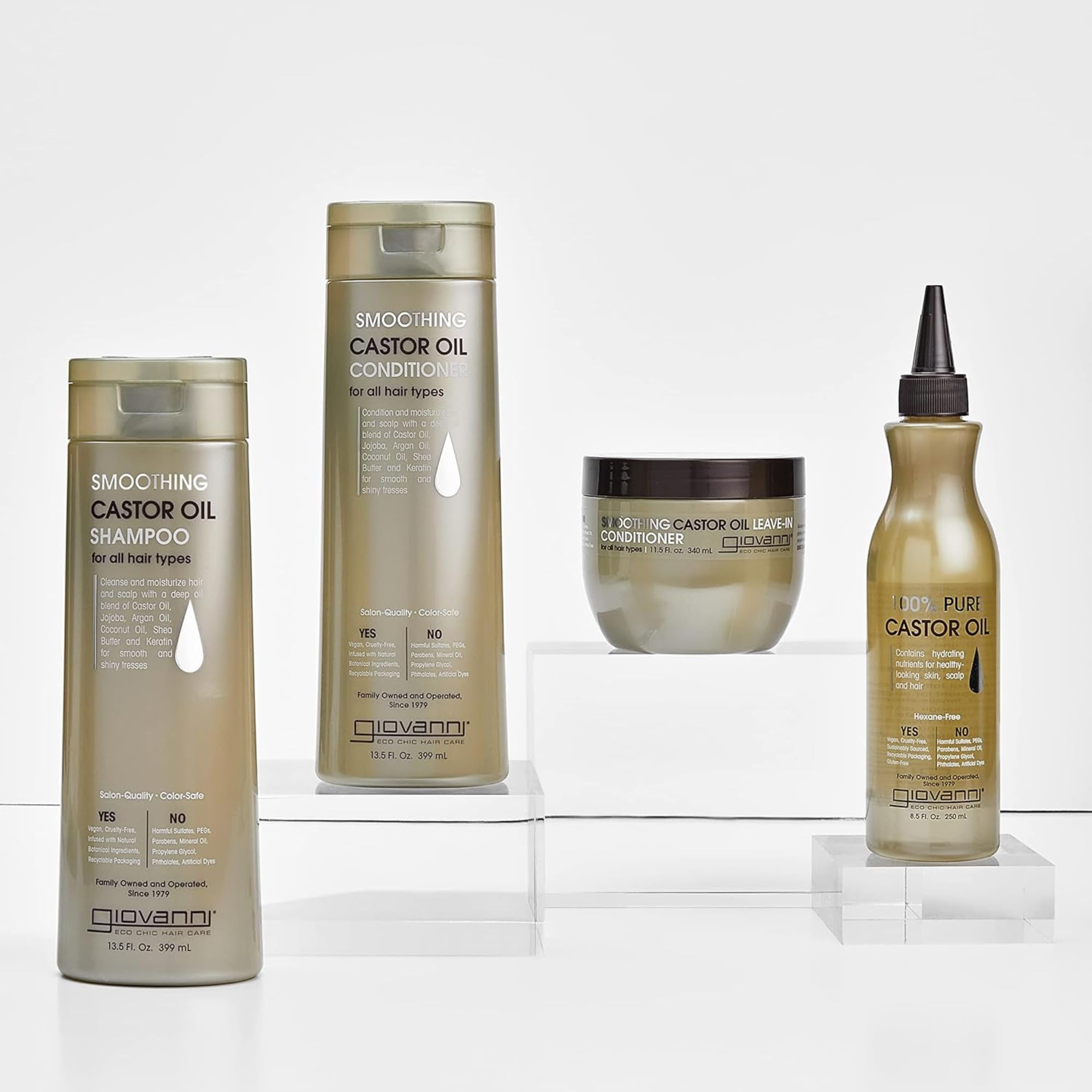 Ingredients highlight with castor oil, jojoba, argan and keratin in Giovanni conditioner