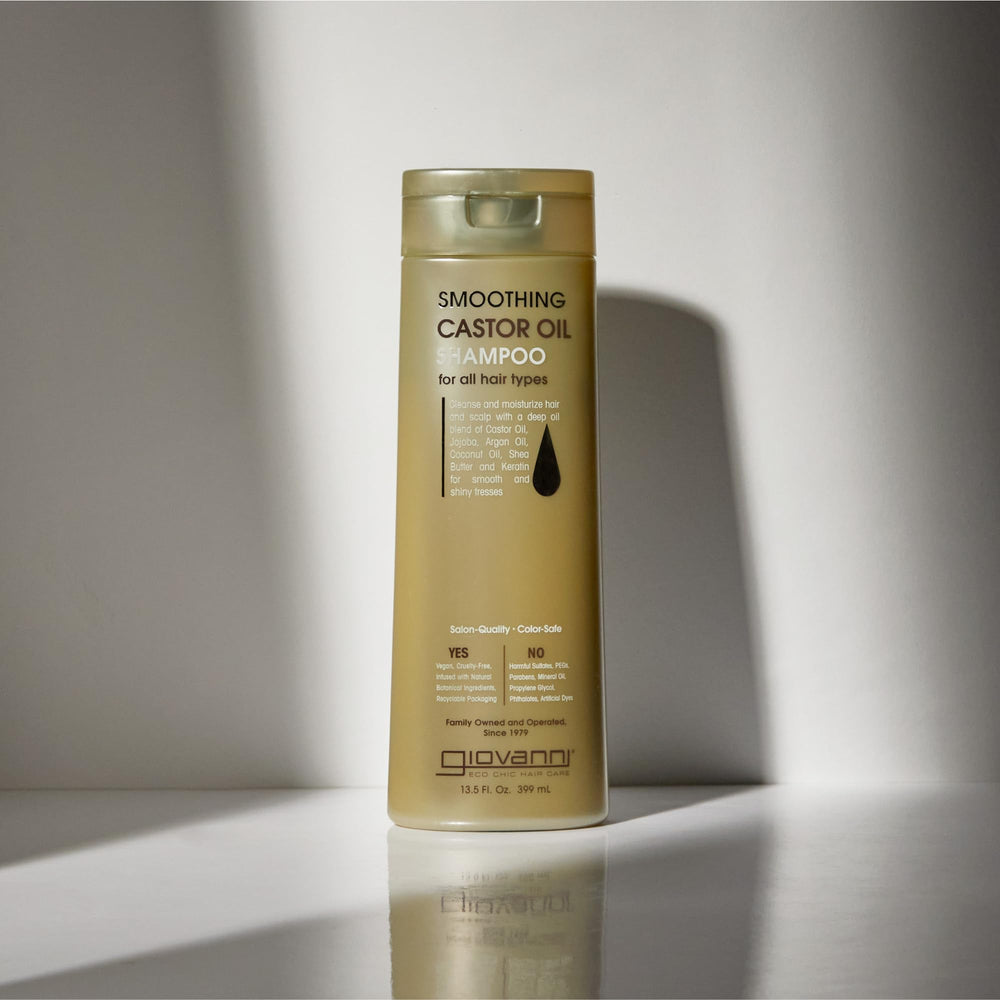 Close-up of castor oil and jojoba blend on the GIOVANNI label for nourished hair.