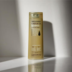 Close-up of castor oil and jojoba blend on the GIOVANNI label for nourished hair.