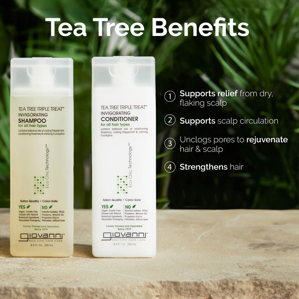 GIOVANNI Tea Tree Triple Treat ingredients close-up highlighting natural botanicals.