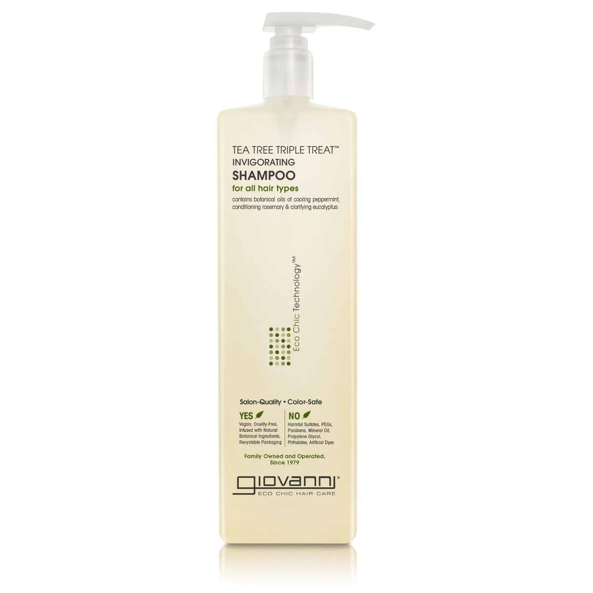 GIOVANNI Tea Tree Triple Treat shampoo bottle close-up shows a refreshing scalp cleanse.