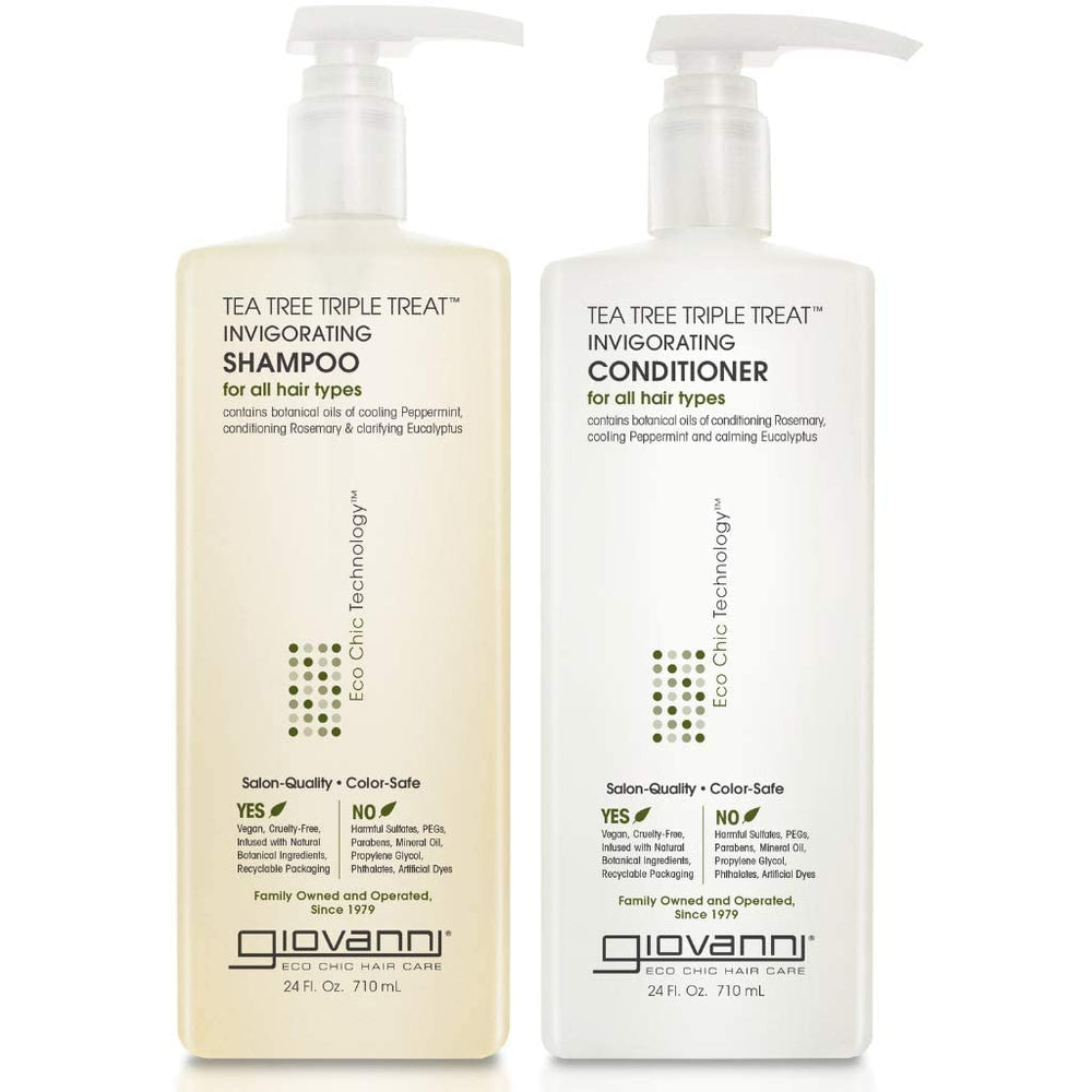 GIOVANNI Tea Tree Triple Treat shampoo bottle with cooling peppermint for refreshed scalp.