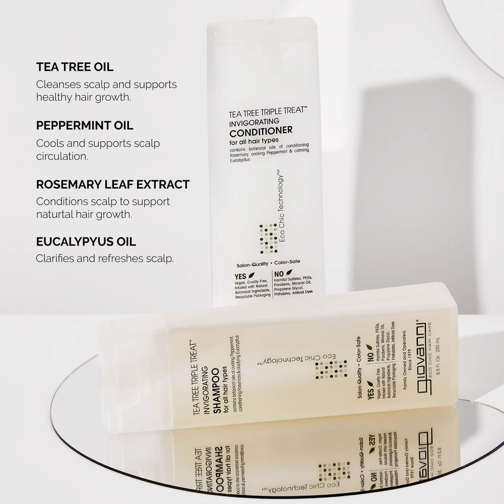 GIOVANNI Tea Tree Triple Treat shampoo lather close-up showing cleansing action.