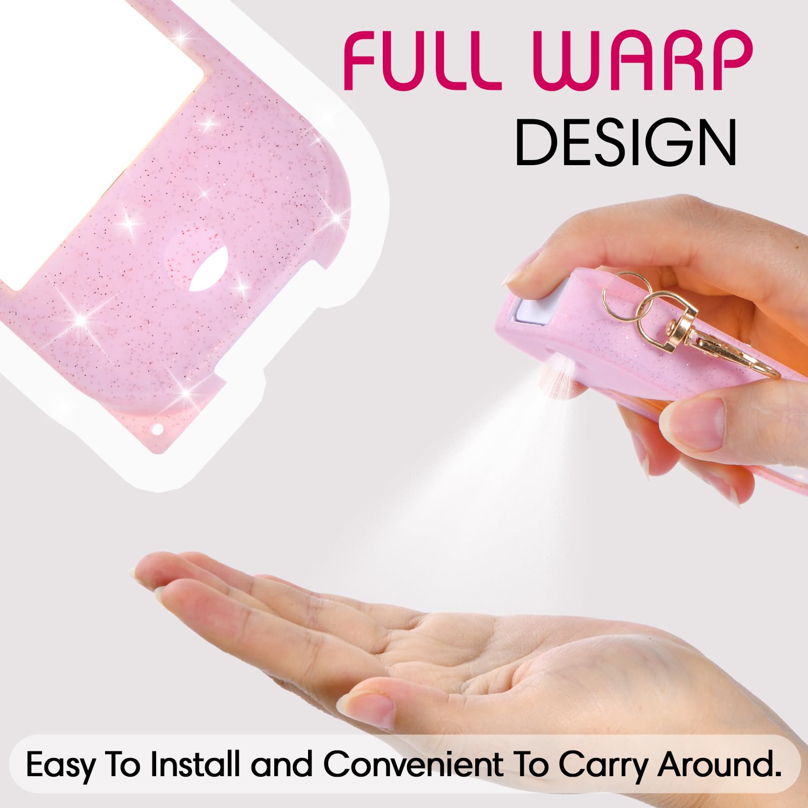 Giramika sparkling pink case clipped to a bag for quick access