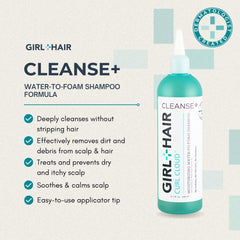 GIRL+HAIR Cleanse Moisturizing Shampoo pour bottle demonstrates easy distribution for daily use