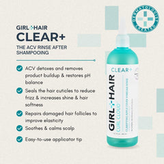 GIRL+HAIR G+H CLEAR ACV Rinse being poured for clarifying cleanse.