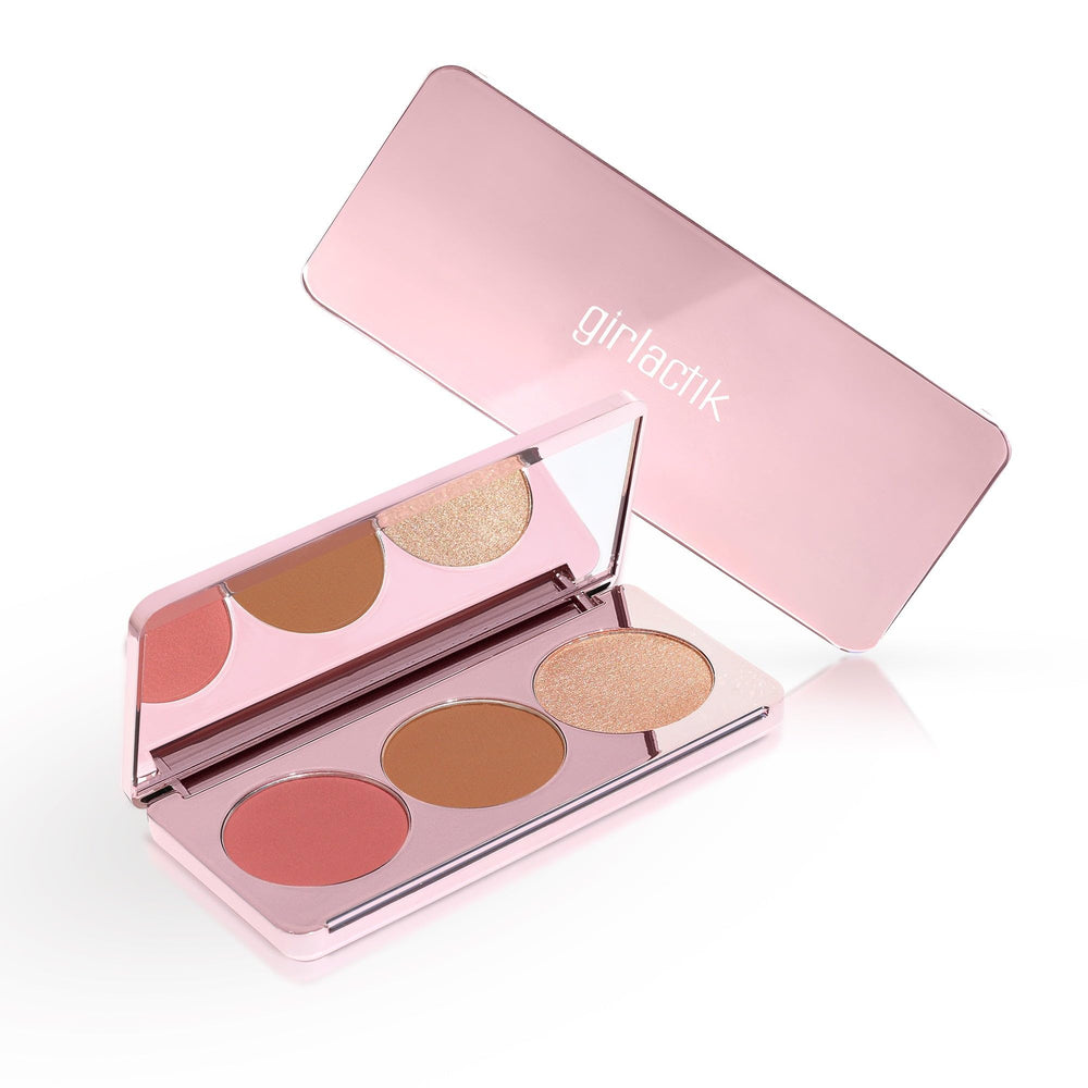 Swatches of blush, bronzer, and highlighter from Girlactik Blush Me & Glow Deep.