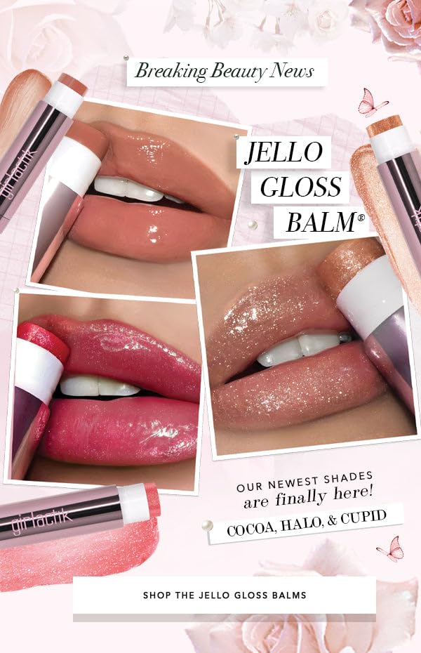Shade swatches for Rosie, Tulip, Glossiest, Camelia showing customizable lip glow options.