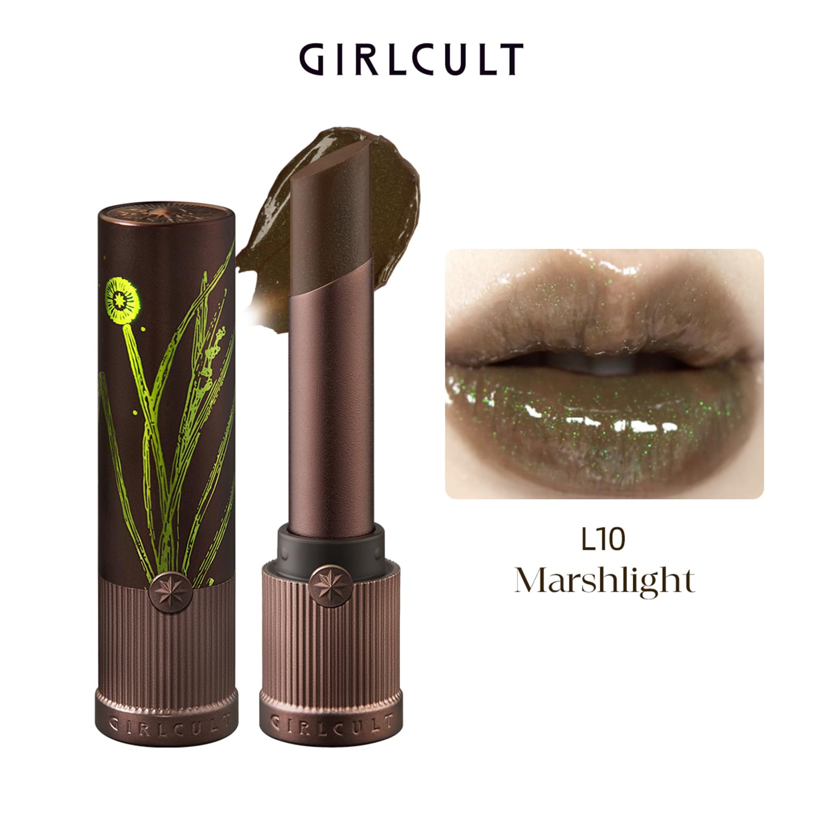 Texture detail of GIRLCULT lipstick showing weightless, non-sticky feel.
