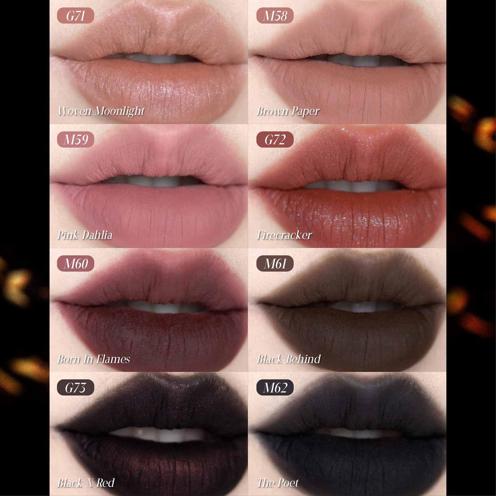 GIRLCULT Matte Lip Stain packaging with shade lineup for easy selection.