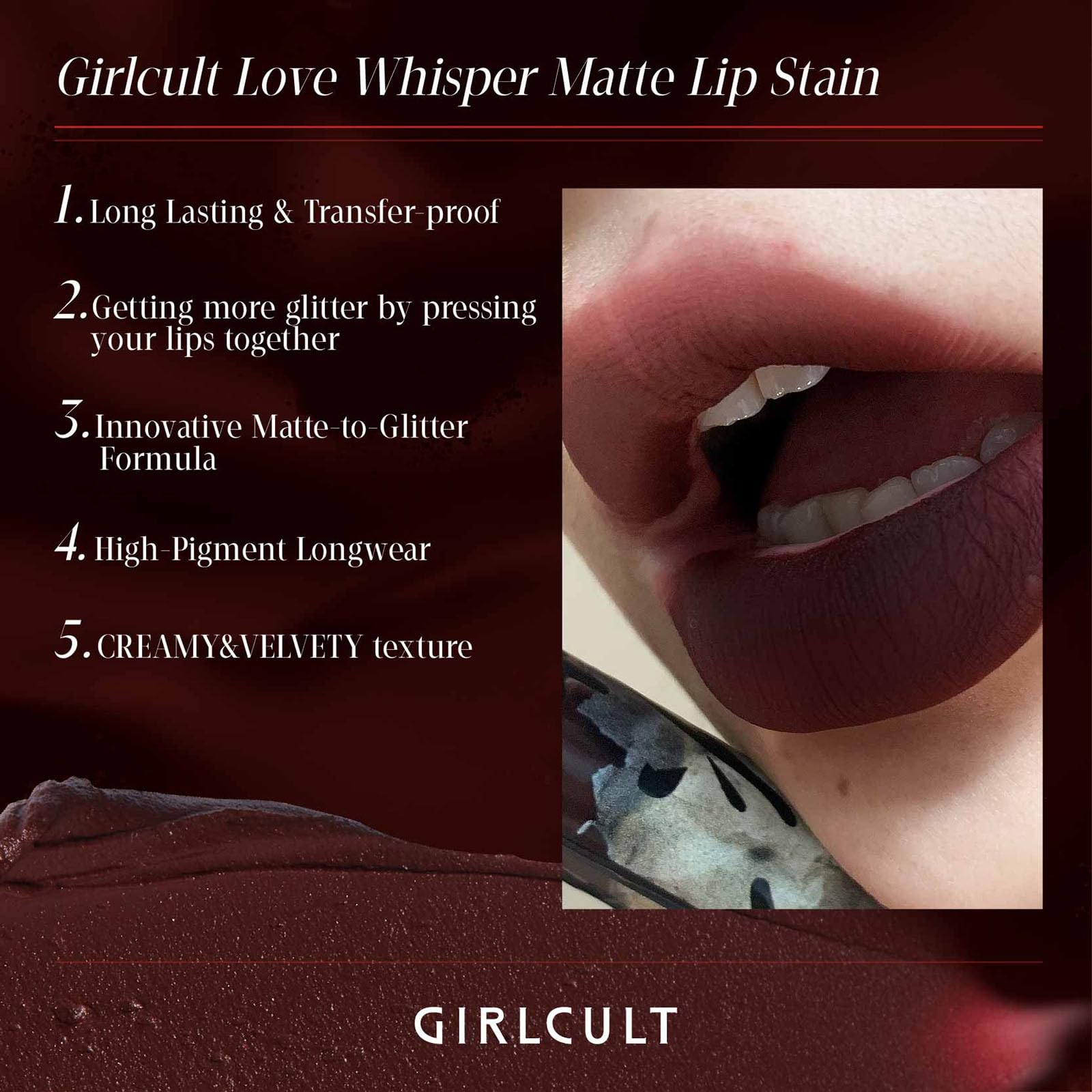 GIRLCULT Matte Lip Stain velvet-finish close-up shows soft, blurring texture.