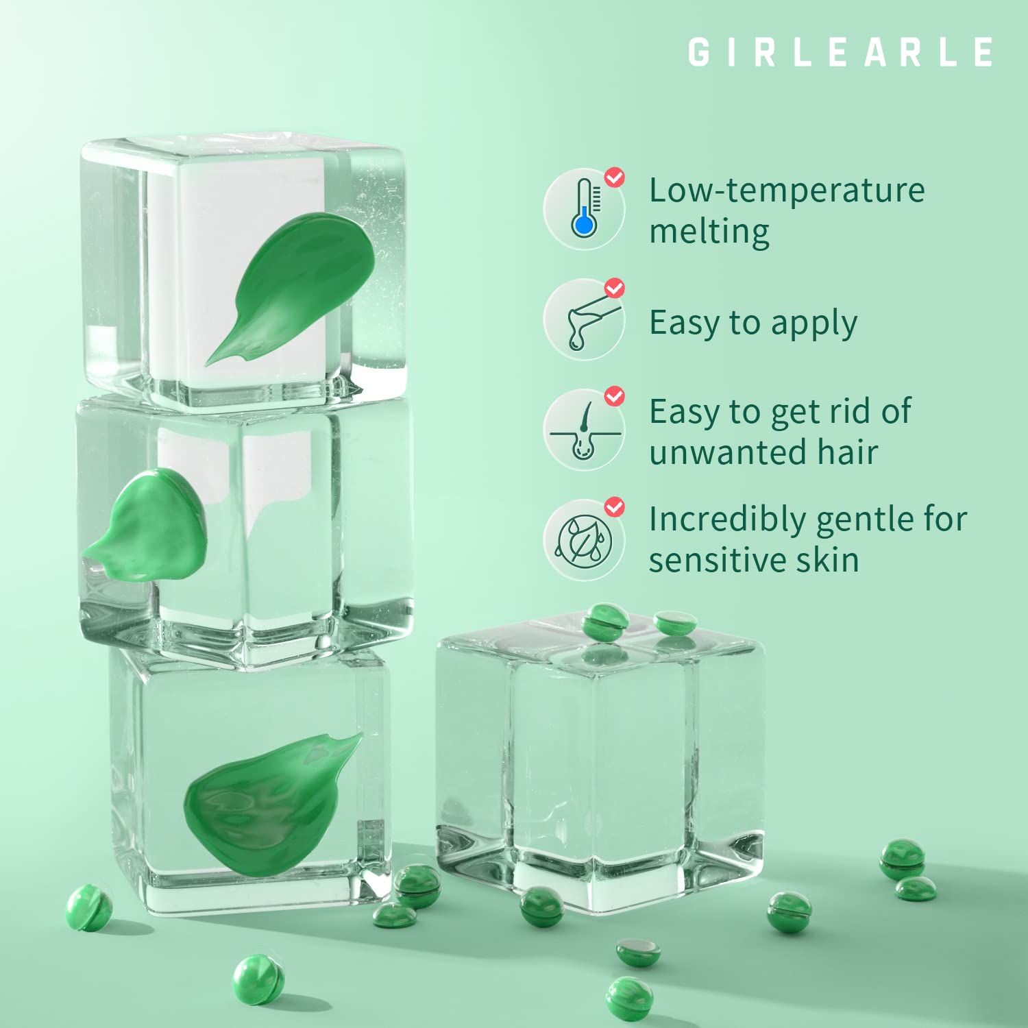 GIRLEARLE wax beads closeup texture highlighting smooth, effective hair removal.