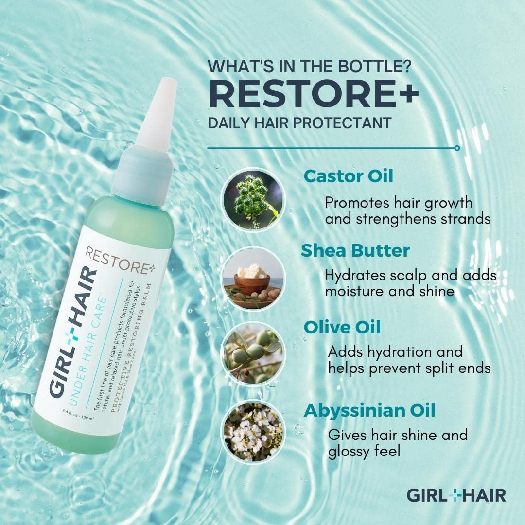 GIRL+HAIR castor-abyssinian-olive oil blend shown on label.