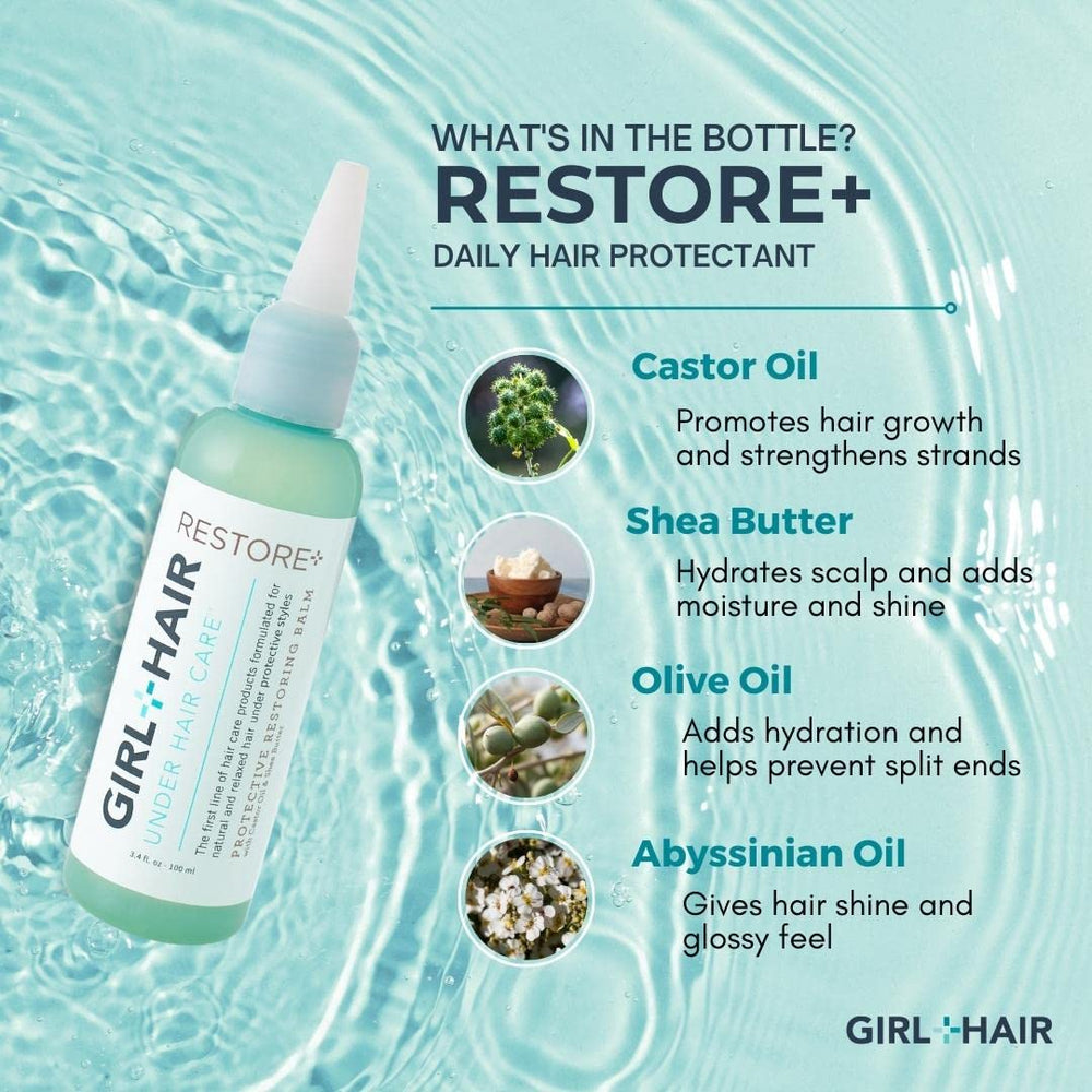 GIRL+HAIR castor-abyssinian-olive oil blend shown on label.