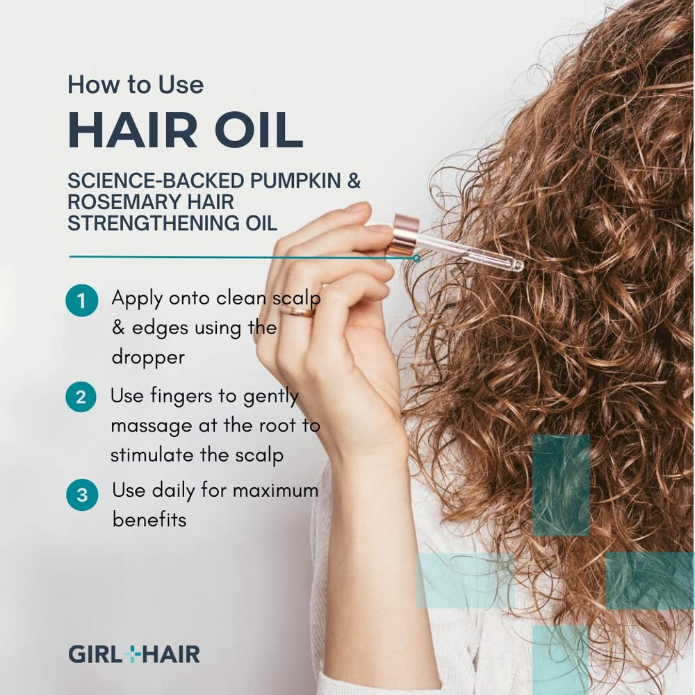 GIRL+HAIR G+H Strengthening Oil rosemary oil bottle emphasizes scalp invigorating properties.