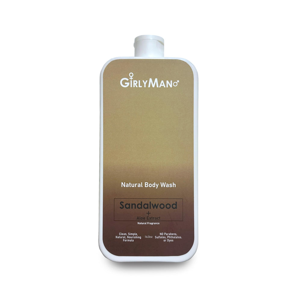 GirlyMan Natural Body Wash bottle front with sandalwood scent for a gentle cleanse.